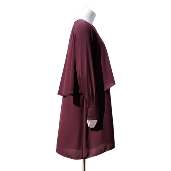 WHO WHAT WEAR WWW Burgundy Chiffon Caplet Dress L Cape Long Sleeve MODEST - Picture 4 of 16